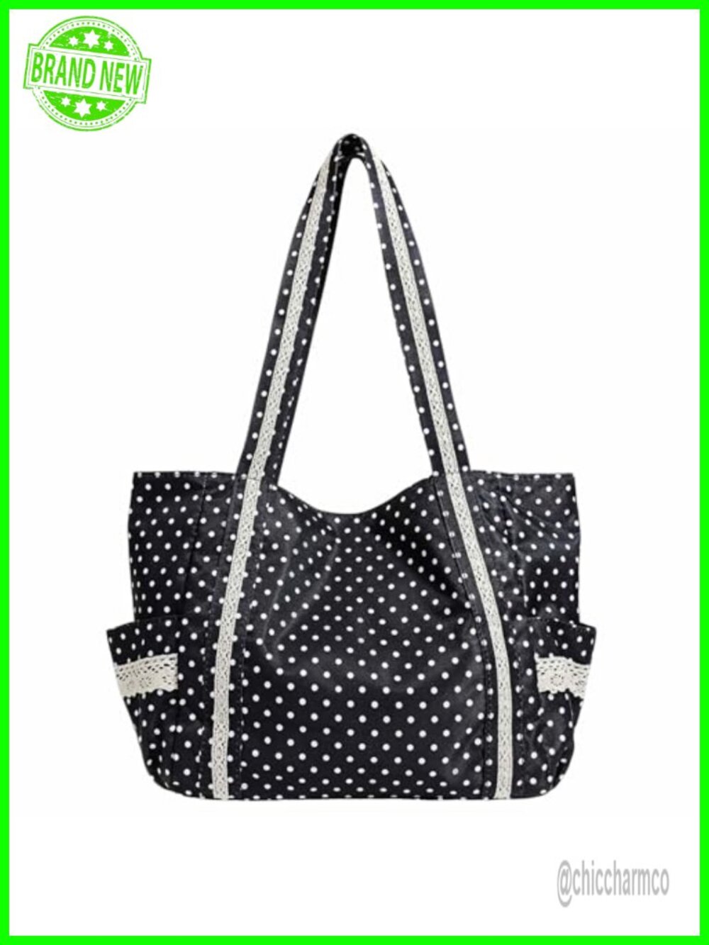 Polka Dot Canvas Tote Bag with Pockets Lace Trim Shoulder Bag